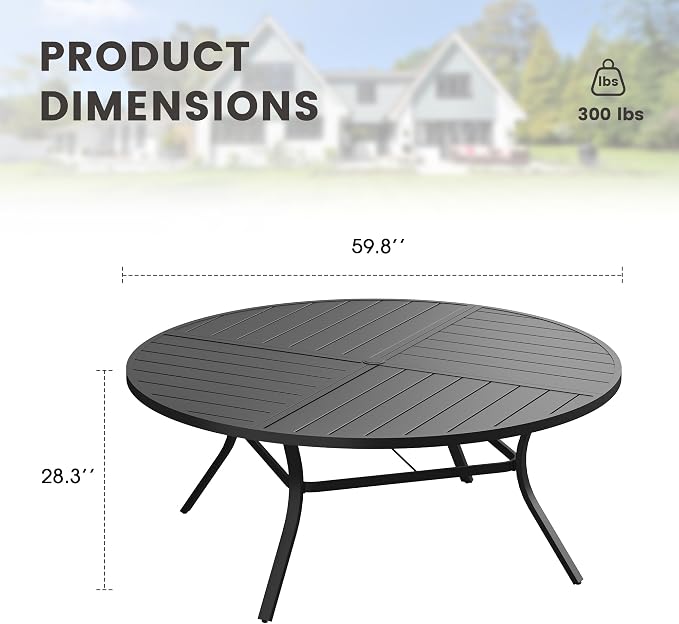 60" Outdoor Dining Table with Adjustable Umbrella Hole, Metal Slatted Round Patio Dining Table for Backyard Garden Deck, Black
