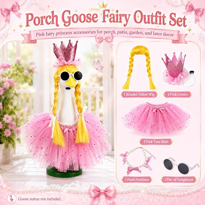 Porch Goose Fairy Outfit 4 Pieces Summer Porch Goose Outfit with Braided Yellow Wig Pink Tutu Skirt Fairy-Tale Princess Style Decor for Lawn Goose Statues