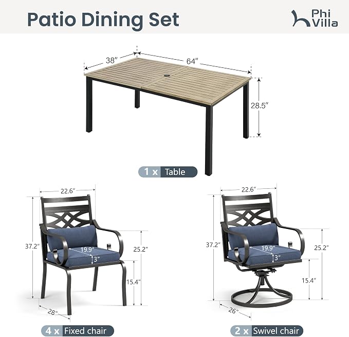 PHI VILLA Patio Dining Set, Swivel Chairs, Metal Table | Metal chairs, Blue Cushion, Umbrella Hole, Cushions, E-coated