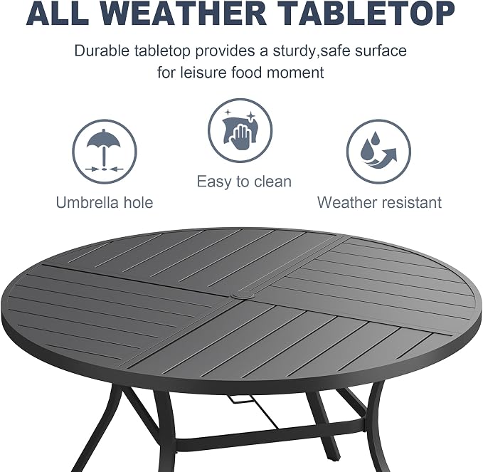 VICLLAX 53" Round Patio Dining Table for 6-8, All Weather Metal Outdoor Table with 1.57" Umbrella Hole and Surdy Frame for Garden Lawn Deck, Black