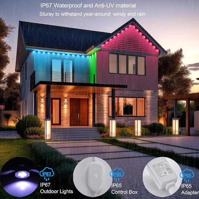 Outdoor Christmas Lights - 50ft Smart RGB+IC Color Eaves Lights with 63 Scene, IP67 Waterproof, Alexa & Google Assistant Voice Control
