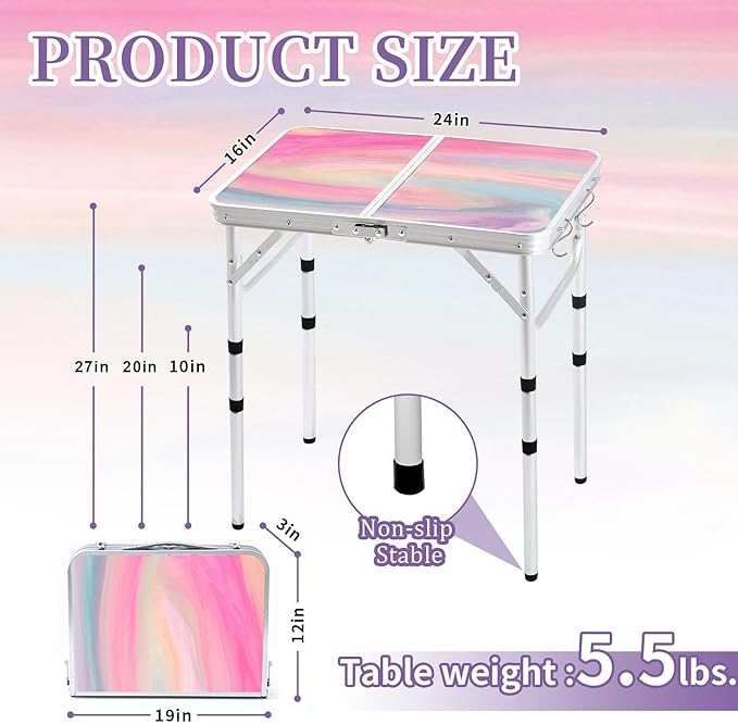 Yriuat Folding Camping Table 2ft Portable Picnic Table Adjustable Height Small Card Table Aluminum Foldable Lightweight with Carry Handle for Outdoor Indoor Hiking Camp BBQ Beach (Blush Haze)