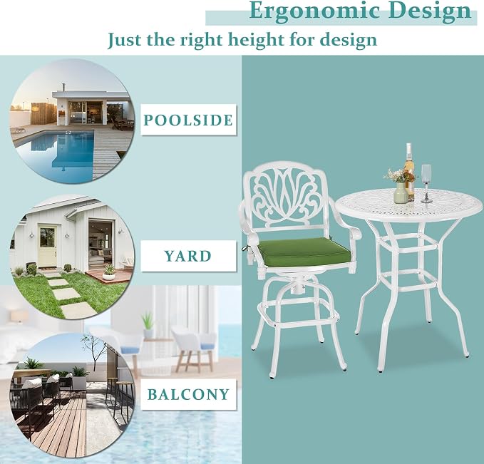 MEETWARM Patio Height Bar Table, 35.4" Bar Height Bistro Table, Outdoor Cast Aluminum Bistro Round High Top Dining Table with 2" Umbrella Hole for Garden Deck Backyard, White
