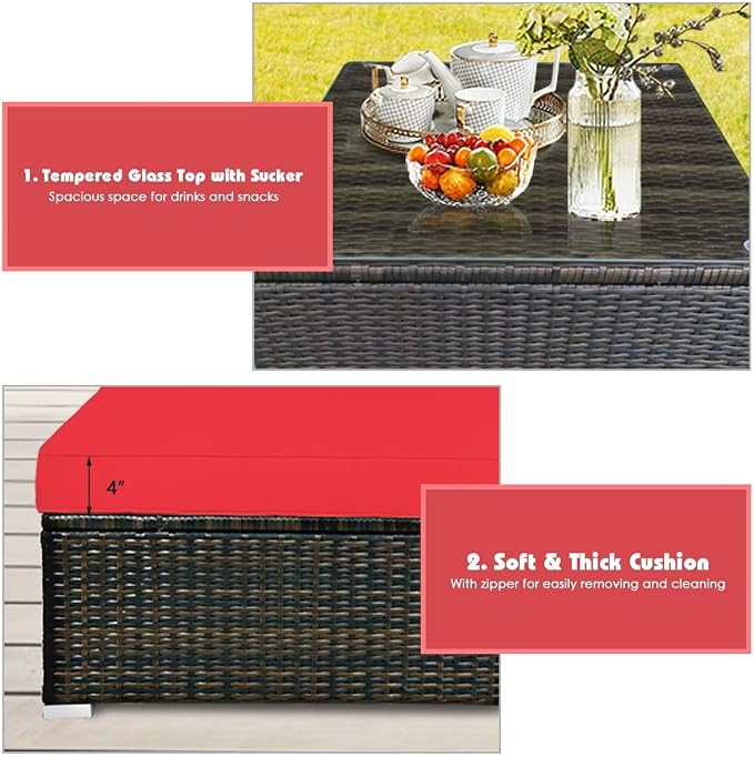 HAPPYGRILL 5 Pieces Patio Conversation Set, Outdoor Rattan Wicker Furniture Set, Sectional Sofa Ottoman Set with Coffee Table, Cushion, Pillow for Garden Lawn Balcony Backyard