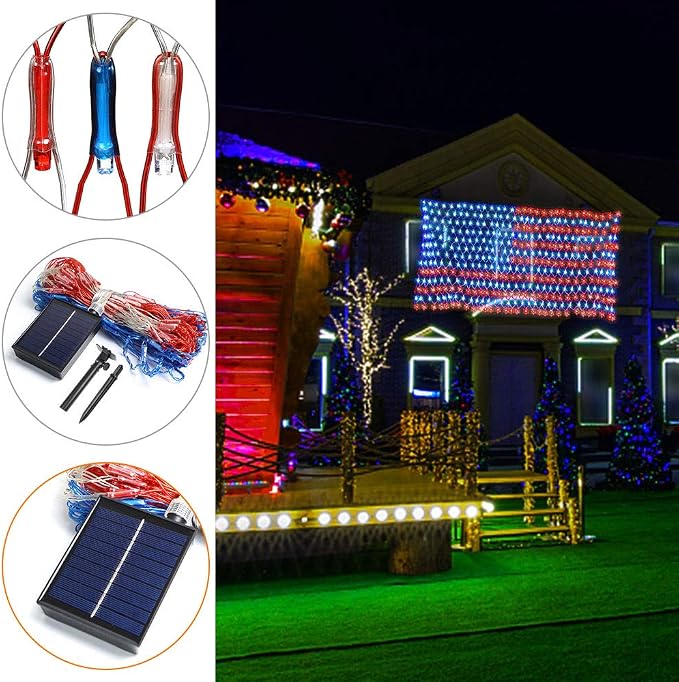 realization American Advanced Flag Lights, 420 LED Solar String Lights, Waterproof Led Flag Net Light of The United States for Memorial Day, Independence Day, 4th of July, Party, Yard Decorations