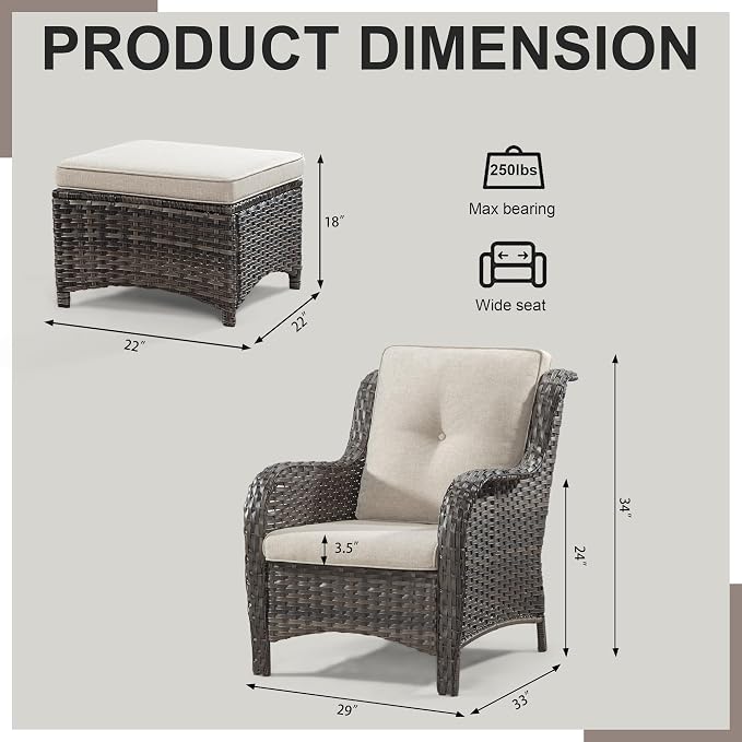 Wicker Chair Set 6 Pieces - Outdoor Wicker Patio Furniture Set with 4 Armchairs and 2 Ottomans, Olefin Cushions Included(Mixed Grey/Beige)