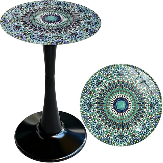 13.4" Outdoor Side Table, Round Patio Bistro Table Printed Tempered Glass Top, Waterproof Rust-Proof Base, Small Plant Stand for Balcony, Garden, Deck, 21.6" H (Blue Morocco)
