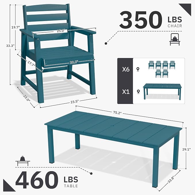 AreShark 7-Piece Outdoor Dining Set,HDPE Patio Table with 6 Chairs,All-Weather Patio Furniture Set with Umbrella Hole,Low Maintenance Wood Grain Dining Set for Backyard,Garden,Poolside,Navy Blue