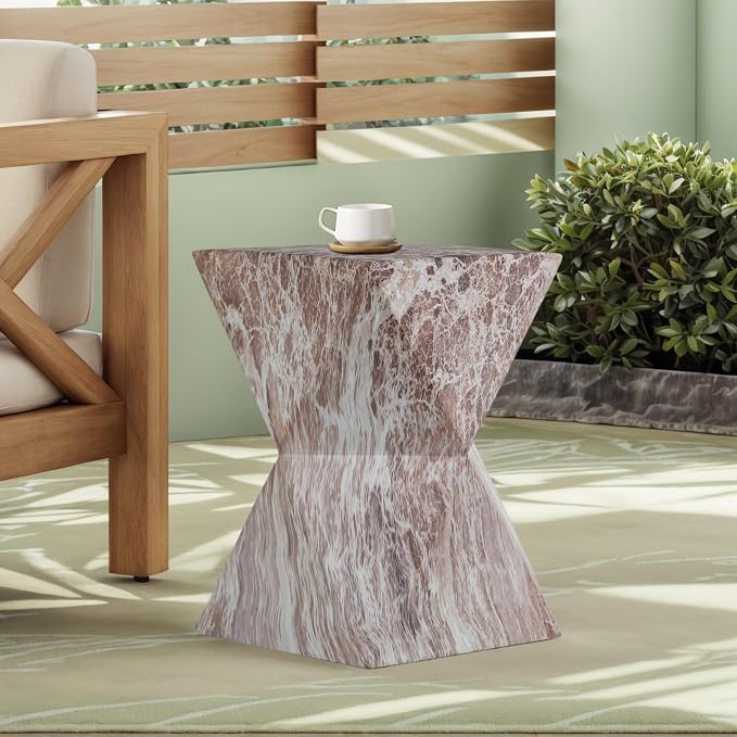 Faux Terrazzo Tree Stump Stool Table, Modern Cement Outdoor Side Table for Patio & Garden, Round Accent Table Indoor and Outdoor, Marble