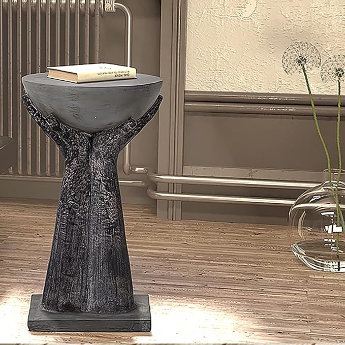 HOMPUS Outdoor End Table, Modern Concrete Side Table 24" H, Round Accent Coffee Table w Two Hands Base, Unique Home Décor for Living Room, Backyard, Balcony or Outdoor
