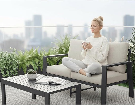 Outdoor Loveseat with Coffee Table Small Furniture Aluminum Patio Love Seat Couch Outdoor Chairs with 4" Cushion Loveseats Sofa for Poolside,Balcony,Deck,Yard