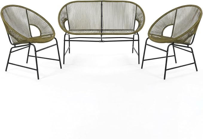 Christopher Knight Home Dessa 3 Piece Patio Furniture Set, Patio Wicker Accent Chair Set of 2 and Loveseat, Metal Frame 4 Seater Outdoor Papasan Lounge Chair Set, PE Rattan Outdoor Bistro Set, Green