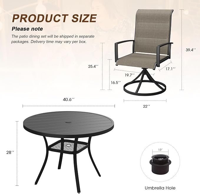 VICLLAX 5 Pieces Outdoor Dining Set, Patio Furniture Set Includes 40.6" Round Metal Table W/ 1.9" Umbrella Hole and 4 Padded Textilene Swivel Chairs for Porch, Lawn, Garden, Backyard