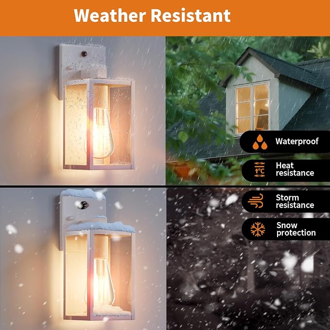2 Pack White Dusk to Dawn Front Porch Lighting Fixtures Wall Mount, Sensor Outside Exterior Lights for House, Outdoor Lantern Lamp, Waterproof Wall Sconce Lights, Coach Light for Garage Entryway