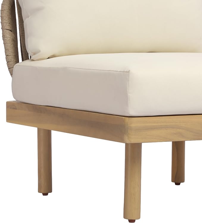 Christopher Knight Home John 4 Piece Patio Furniture Set with Slatted Coffee Table, Outdoor Sofa Set with Rope Back & Cushions, Modern Acacia Wood Sectional Conversation Set, Beige+Cream+Light Teak