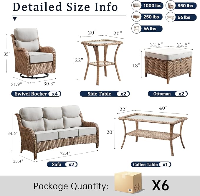 Luxury 6" Thick Cushion 11 Pieces Wicker Patio Furniture Set with High Back Swivel Rocker Chairs of 4, Outdoor Conversation Set with Patio Couch for Deck Porch Yard and Poolside