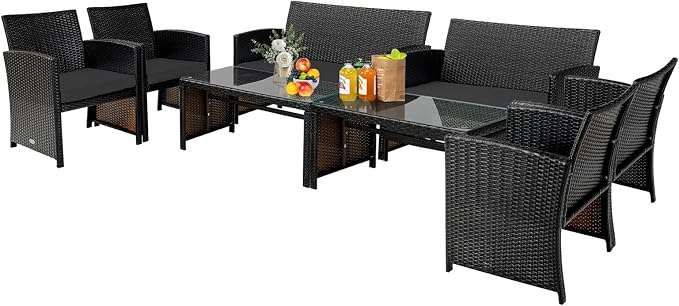 Tangkula 4 Pieces Rattan Furniture Set, Outdoor Conversation Set w/Chair & Loveseat & Tempered Glass Coffee Table, Suitable for Garden, Backyard, Poolside, Patio Furniture Set for 4 (2, Black)