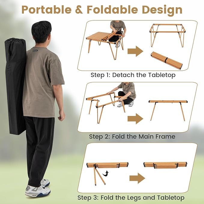 COSTWAY Folding Low Picnic Table, Portable Camping Table with Storage Bag, Lightweight Aluminum Foldable Roll-Up Table 3FT, Outdoor Camp Table for Party, Tailgating, Beach & Backyard (Brown)