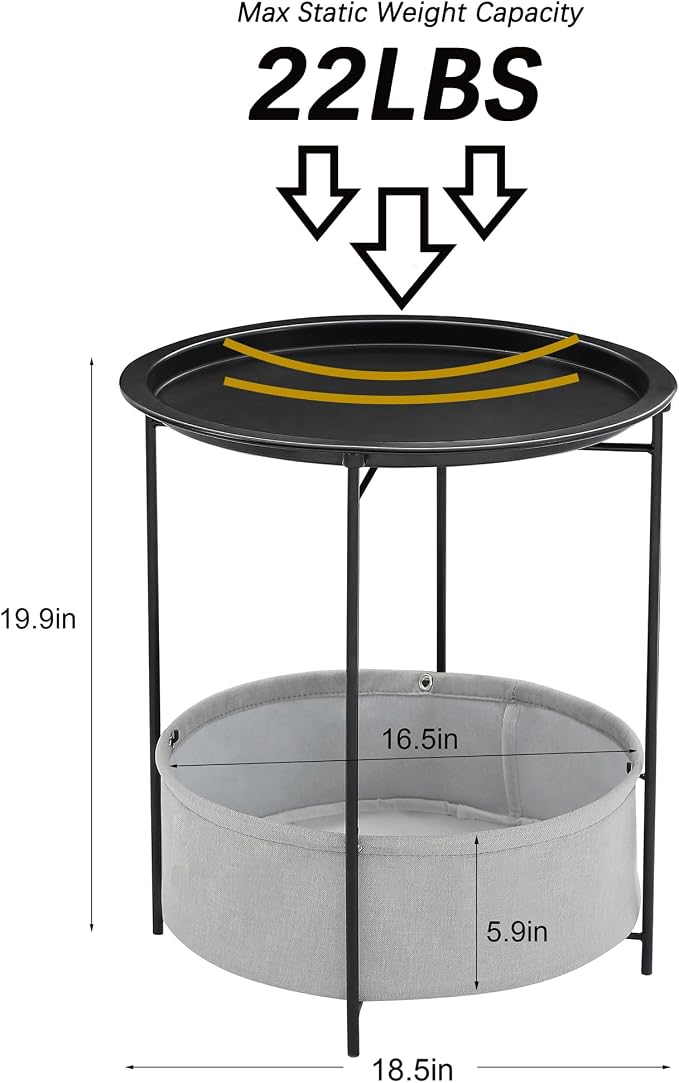 VECELO Round Side/End Table with Fabric Storage Basket，Metal Anti-Rust and Waterproof Small Bedside Nightstand with Removable Tray Top for Living Room，Balcony & Laundry，Black /2pcs with Basket