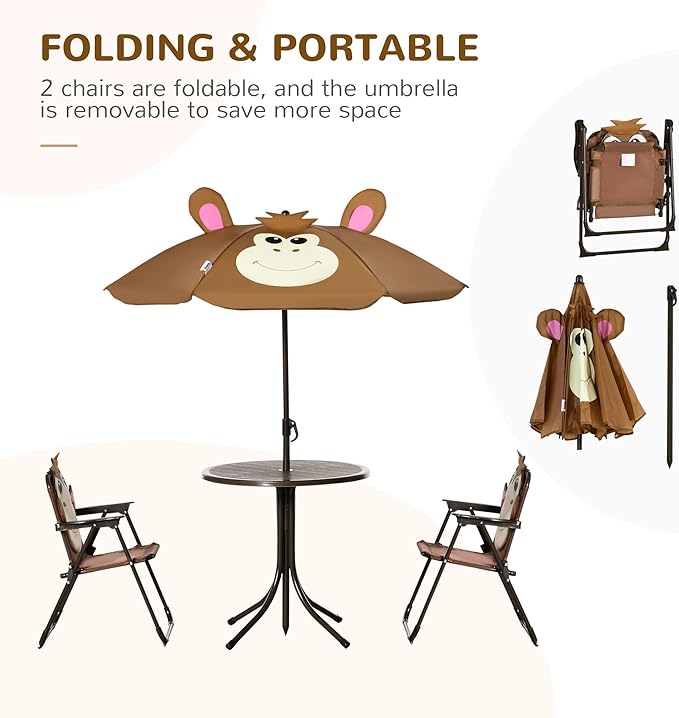 Outsunny Kids Table and Chair Set, Outdoor Folding Garden Furniture, Picnic Table for Patio Backyard, with Removable & Height Adjustable Sun Umbrella, Brown