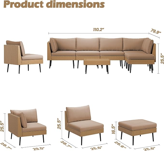 Vikiullf Outdoor Wicker Sectional Sofa Set, L-Shaped Patio Conversation Set with 4" Cushions, Boho Rattan Furniture for Backyard Poolside Deck (Khaki, 8 Pieces)