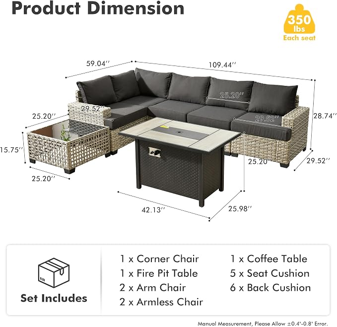 7 Pcs Outdoor Sectional Patio Furniture Set with Fire Pit Table - All Weather Wicker Modular L Shaped Outside Sectional Couch,Patio Seating Outdoor Conversation Sets for Deck Yard Garden,Black