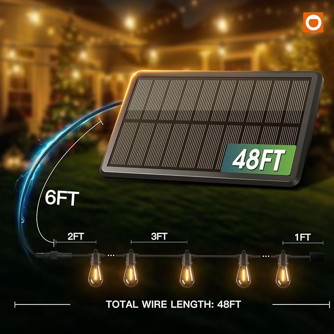 addlon 54FT(48+6) Solar String Lights Outdoor, Last 20+ Hrs, USB Charging | IP65 Waterproof. Dimmable Timer via Remote. Memory, 3 Modes, 2700K Warm White. Easy Install for Patio, Backyard, Porch.
