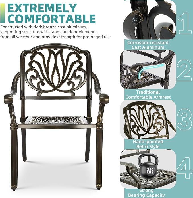 MEETWARM 5 Piece Outdoor Patio Dining Set All-Weather Cast Aluminum Dining Table Chair Set Patio Furniture Set for Backyard Garden Deck, Include 4 Chairs and 1 Round Table