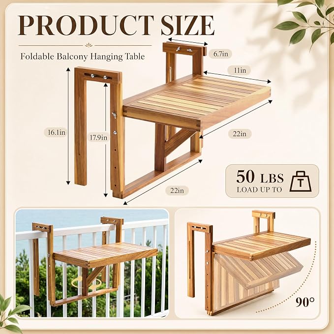 Colingmill 2 Set 22 Inch Balcony Hanging Table, Acacia Wood Foldable Railing Table Adjustable Height & Width, Outdoor Balcony Desk for Coffee, Laptop, Breakfast, Suit for Small Spaces Patio Deck Porch