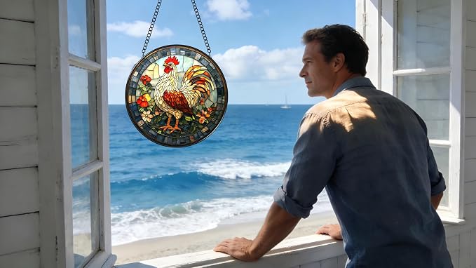 Stained Glass Window Hanging - The Golden Rooster Stared Ahead 6.3 Inches Suncatcher for Garden Home Decor for Women Mon Grandma Friends