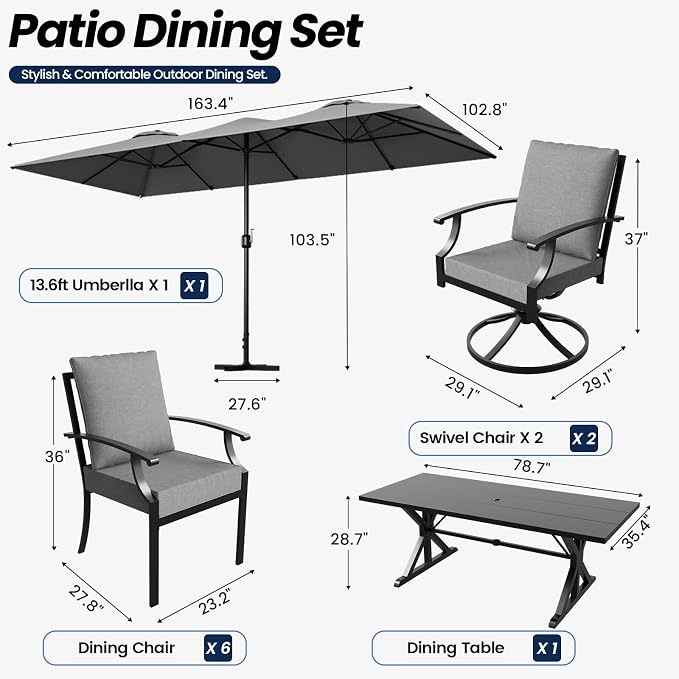 10 Piece Outdoor Dining Set for 8, Patio Table and Chairs Set with Umbrella & Cushions, Patio Furniture Set with 2 Swivel Chairs, Metal Dining Table with Umbrella Hole for Lawn Garden Yard-Grey