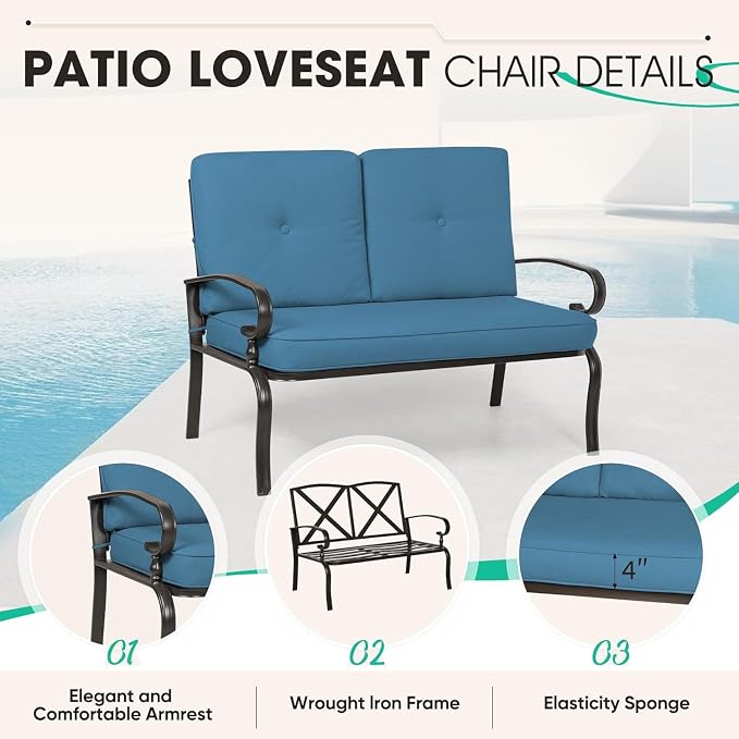 8 Pcs (6 Seats) Metal Outdoor Patio Furniture Conversation Sets, 4 Spring Chair, Loveseat and 3 Coffee Table, with Cushions (Peacock Blue)