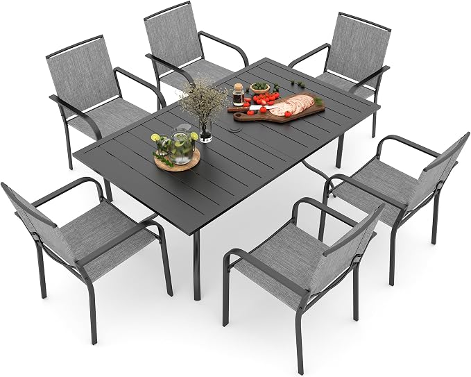 Outdoor Patio Dining Set with 63"x38" Rectangle Table,Gray Stackable Chairs | 6 Psc Stackable Chairs, Textilene Seat&Back, Metal Table, Slat Table Top, 6 Person Use, 1.57"-1.9" Umbrella Hole, All Weather