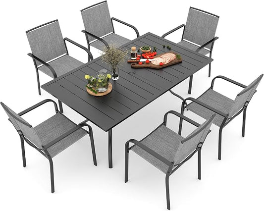 Outdoor Patio Dining Set with 63"x38" Rectangle Table,Gray Stackable Chairs | 6 Psc Stackable Chairs, Textilene Seat&Back, Metal Table, Slat Table Top, 6 Person Use, 1.57"-1.9" Umbrella Hole, All Weather