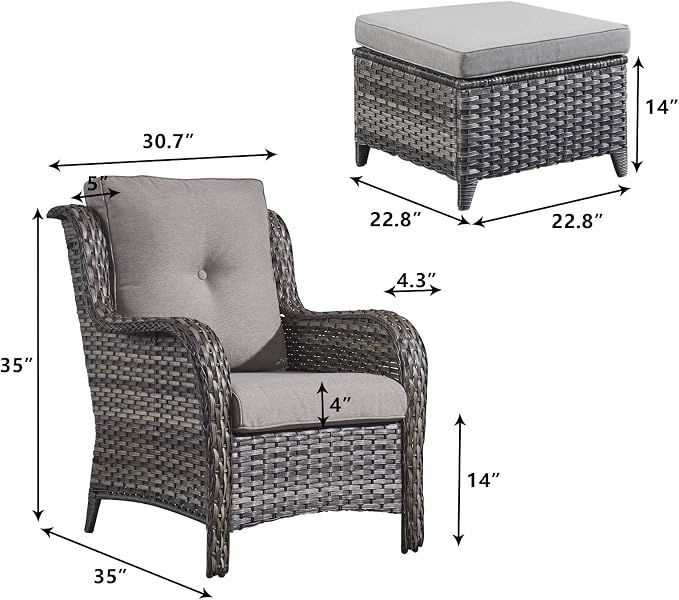 Rilyson Luxury 4 Pieces Patio Wicker Furniture Ottomans, Wicker Patio Chairs Set of 2 with Ottoman, Rattan Outdoor Porch Chair with Thick Cushion for Balcony Deck Yard and Porch (Grey/Grey)