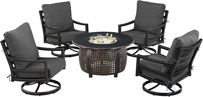 Oakland Living Black Aluminum Patio Fire Table Set with Four Club Chairs with Black Cushions