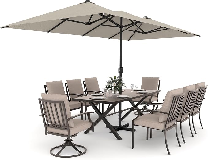 Gotland 9 Piece Outdoor Dining Table and Chairs for 8 with 14Ft Double-Sided Umbrella, Rectangular Patio Dining Table with Umbrella Hole with 2 Swivel Rocking Dining Chairs Outdoor Patio Set