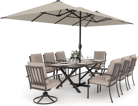 Gotland 9 Piece Outdoor Dining Table and Chairs for 8 with 14Ft Double-Sided Umbrella, Rectangular Patio Dining Table with Umbrella Hole with 2 Swivel Rocking Dining Chairs Outdoor Patio Set