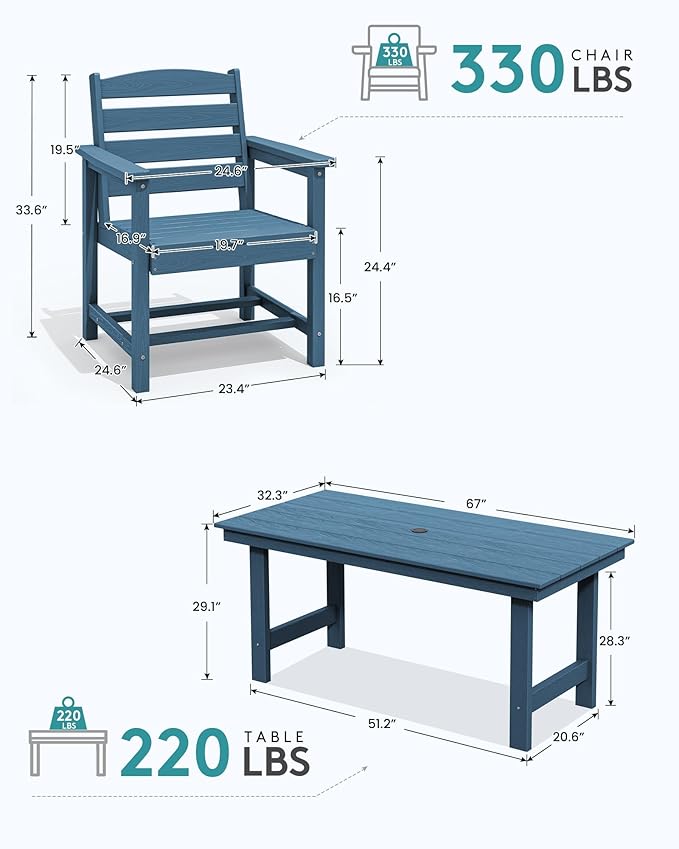 SERWALL 67" Rectangle Outdoor Dining Table for 6, Blue | Patio Dining Table with an umbrella hole, HDPE Outdoor Dining Table which can holds up to 220LBS