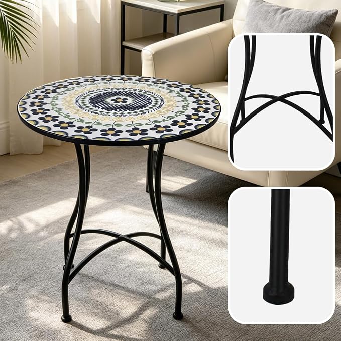 24 Inch Mosaic Patio Round Side Table with X-Curved Legs Indoor and Outdoor Accent End Table for Yard, Garden, Living Room, Bistro, B - Black Floral