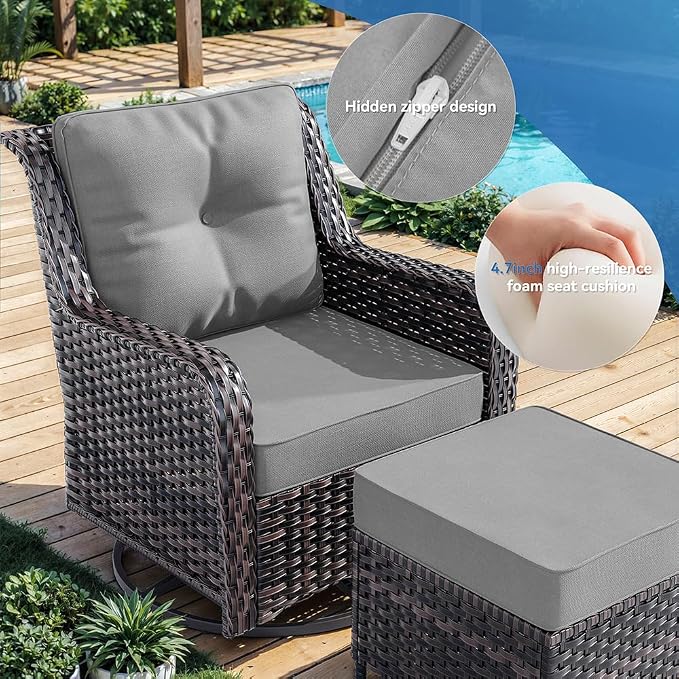 Kurapika 7-Piece Patio Furniture Set, Wicker Thick-Backed Outdoor Swivel Rocking Chair, Includes Coffee Table and Thick Cushions, Conversation Set for Porch,Patio, Gray
