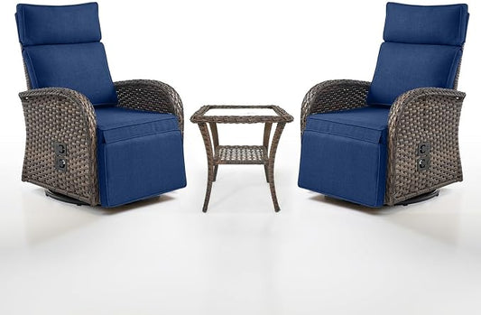 Dual-Adjust Swivel Outdoor Recliner Chair Set of 3 - Reclining Patio Chair with Adjustable Backrest and Footrest, All-Weather Wicker Chaise Lounge Outdoor with Side Table for Pool Deck Brown and Blue
