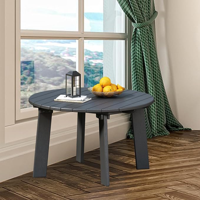 Outdoor Round Coffee Table, Adirondack Patio Coffee Table, Outdoor Large Side Table for Balcony Lawn (Grey)