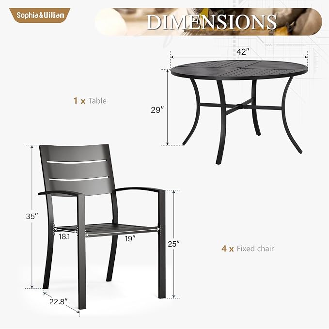Sophia & William Round Patio Table and Chairs Set, Outdoor Dining Set for 4, 5 Piece Metal Patio Furniture, 42" Black Table