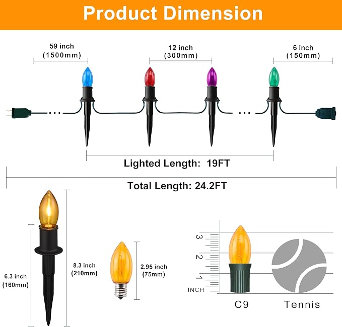 TIORIY C9 LED Christmas Pathway Lights Outdoor, 24.2ft Multicolored LED Christmas Light with Stakes, Connectable 30 Sets Xmas Decoration Light Outside, Walkway String Light