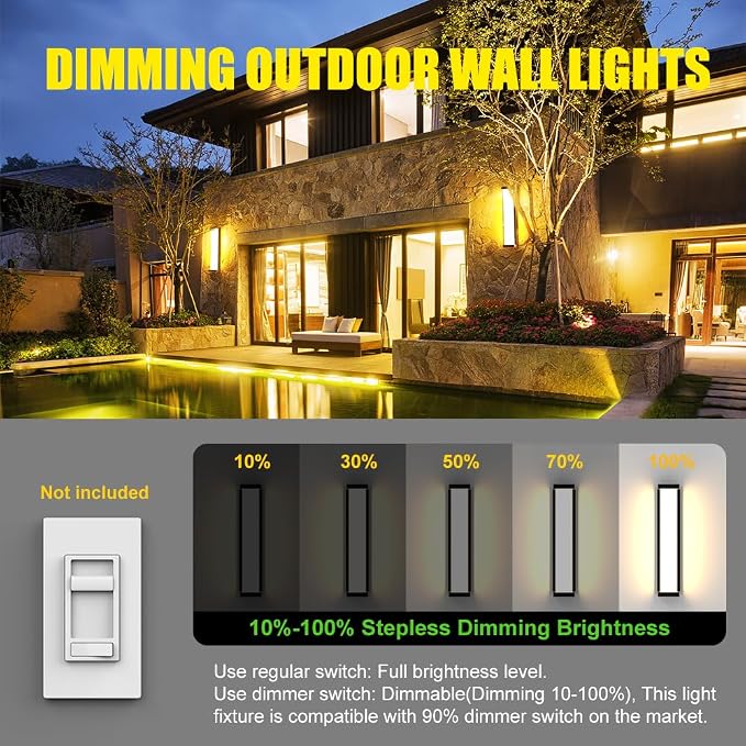 10%-100% Dimming Exterior Garage Lights,23.6in Dimmable LED Modern Patio Wall Light Fixture, Rectangle Black Aluminum+Dual PC Wall Sconce for Garage Bathroom Room Courtyard House(3000K)