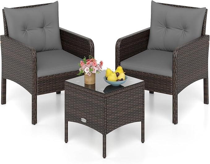 Tangkula 3 Pieces Patio PE Wicker Furniture Set, Outdoor Bistro Conversation Set with Cushions and Tempered Glass Coffee Table, Outside Rattan Table and Chairs for Porch (Gray)