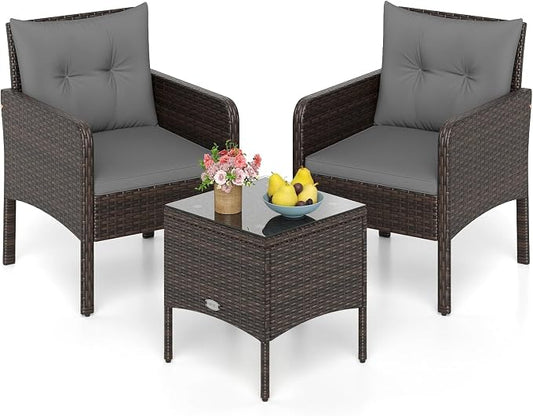 Tangkula 3 Pieces Patio PE Wicker Furniture Set, Outdoor Bistro Conversation Set with Cushions and Tempered Glass Coffee Table, Outside Rattan Table and Chairs for Porch (Gray)