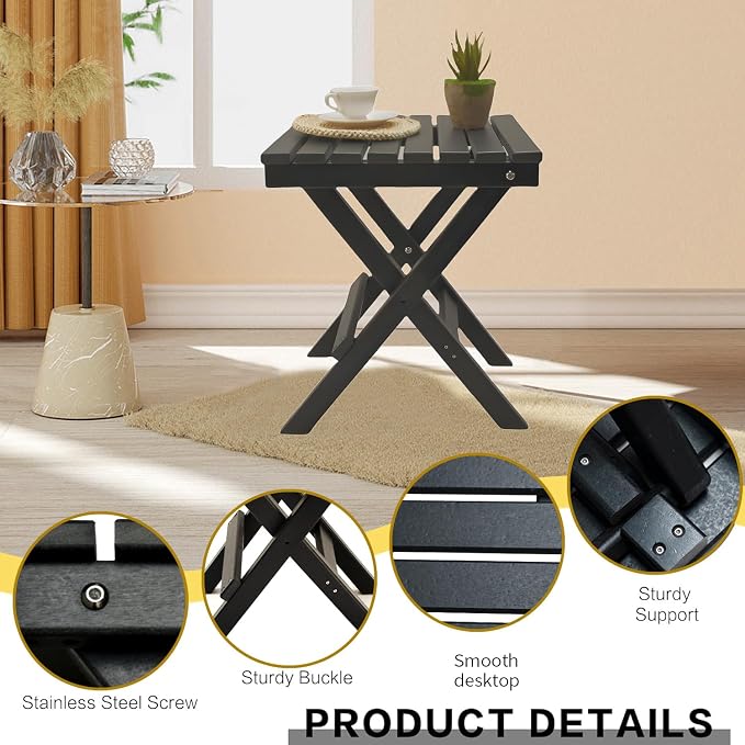HDPE Outdoor Side Table Small End Square Table Folding Coffee Furniture for Patio, Garden, Balcon, Pool, Outside Portable Black