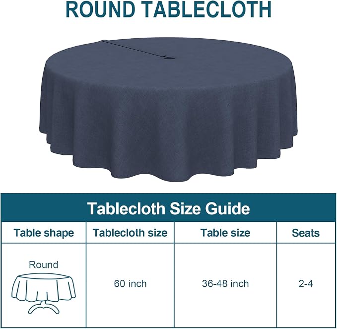 DYTXIII Outdoor Round Tablecloth with Umbrella Hole 60 Inch, Water Repellent & Fade Resistant Table Cover, All Weather Outdoor Tablecloth for Garden & Party Table, Textured Navy